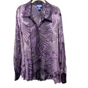 Notches Plus Sz 2X Purple Burnout Velvet Sheer Silk Button Up Shirt Art to Wear